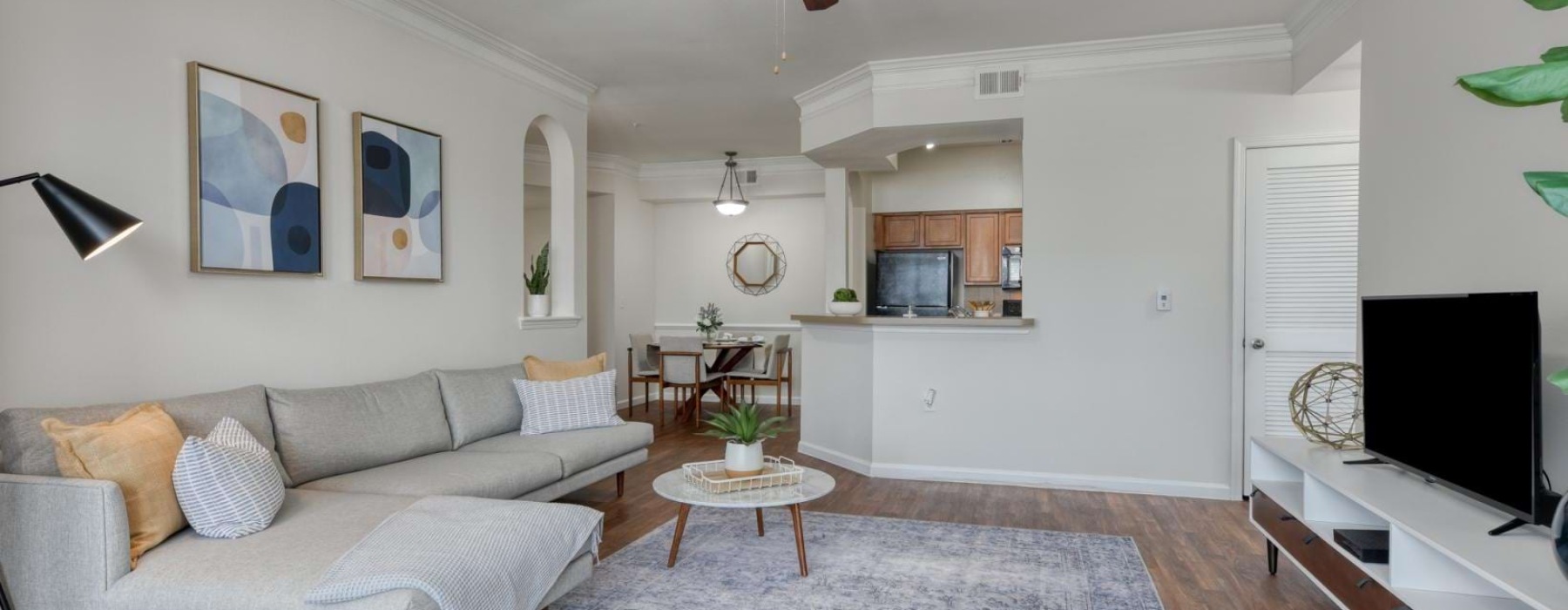 Apartment living room and kitchen at South Bay Apartments in Corpus Christi, Texas.